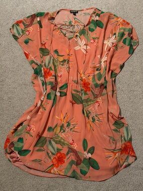 Express Tropical Floral Lace-Up Tunic/Mini Dress - Coral - L